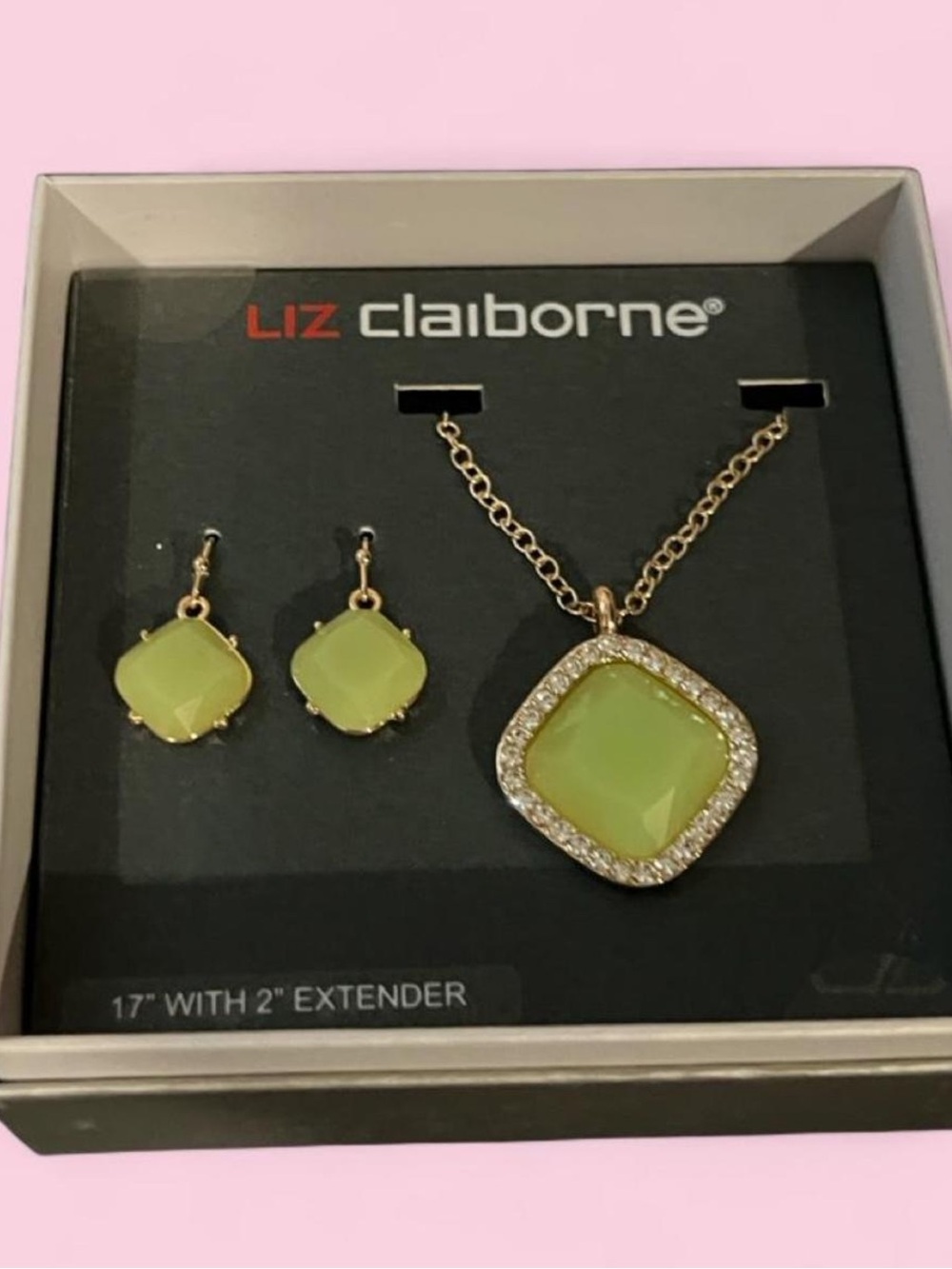 Liz Claiborne Gold-Tone Lime Green Square Pendant & Earring Set